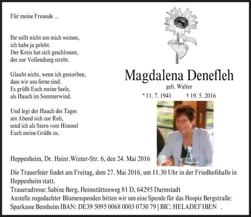  Traueranzeige für Magdalena Denefleh vom 24.05.2016 aus Trauerportal Echo Online