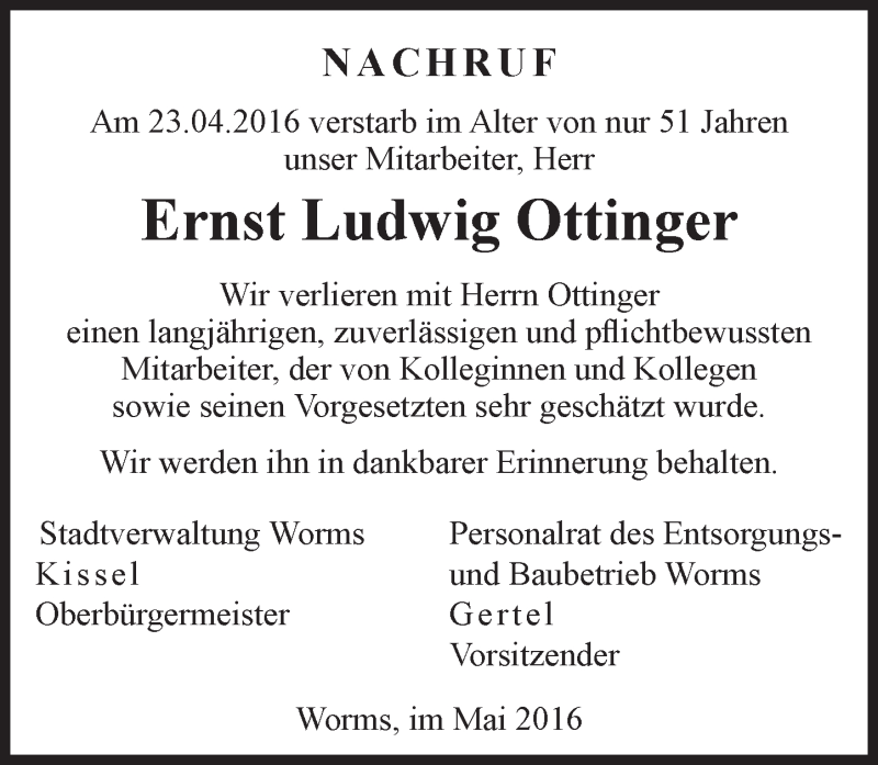  Traueranzeige für Ernst Ludwig Ottinger vom 10.05.2016 aus  Wormser Zeitung