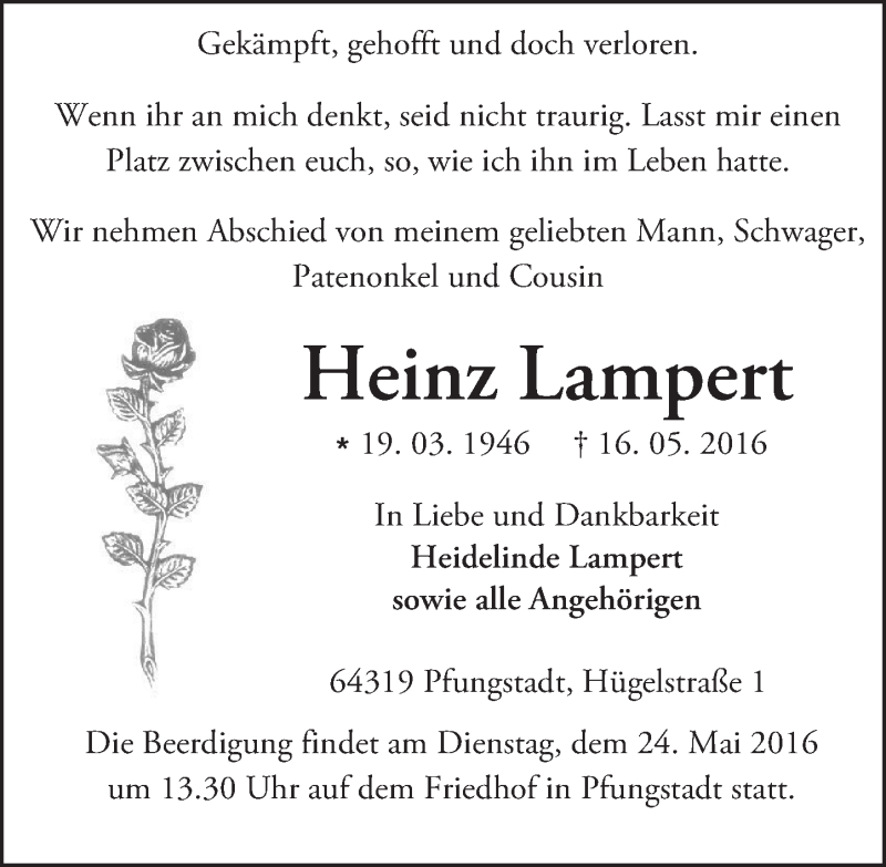  Traueranzeige für Heinz Lampert vom 21.05.2016 aus Trauerportal Echo Online