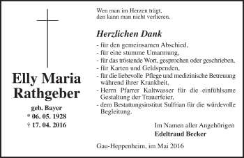 Traueranzeige von Elly Maria Rathgeber von  Allgemeine Zeitung Alzey
