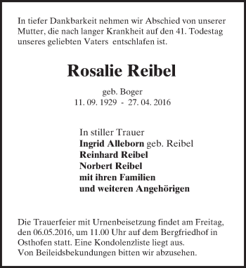 Traueranzeige von Rosalie Reibel von  Wormser Zeitung