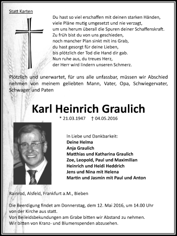 Traueranzeige von Karl Heinrich Graulich von VRM Trauer