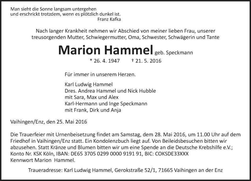  Traueranzeige für Marion Hammel vom 25.05.2016 aus  Gießener Anzeiger