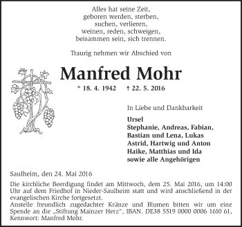 Traueranzeige von Manfred Mohr von  Allgemeine Zeitung Alzey