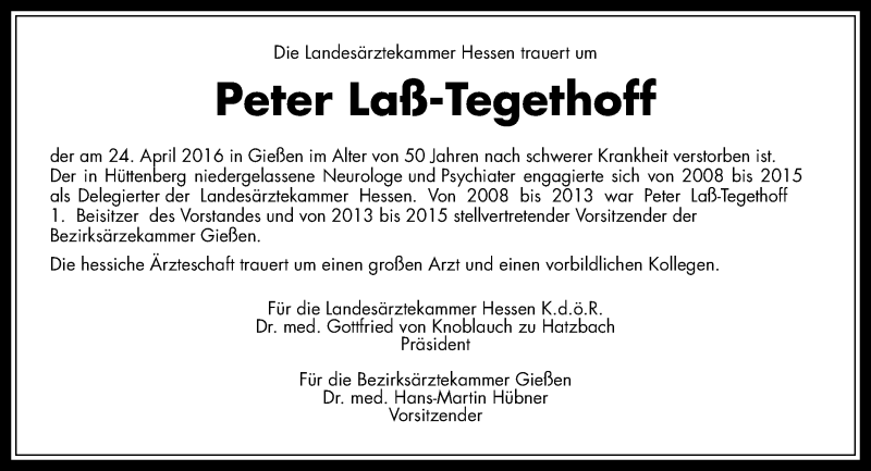  Traueranzeige für Peter Laß-Tegethoff vom 03.05.2016 aus  Gießener Anzeiger
