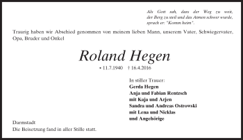 Traueranzeige von Roland Hegen von Trauerportal Echo Online