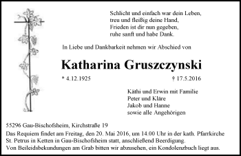 Traueranzeige von Katharina Gruszczynski von  Allgemeine Zeitung Mainz