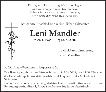 Traueranzeige von Leni Mandler von  Allgemeine Zeitung Alzey