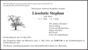 Traueranzeige von Lieselotte Stephan von  Gießener Anzeiger