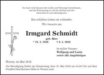 Traueranzeige von Irmgard Schmidt von  Wormser Zeitung