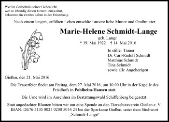 Traueranzeige von Marie-Helene Schmidt-Lange von  Gießener Anzeiger