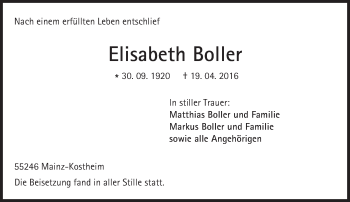 Traueranzeige von Elisabeth Boller von  Allgemeine Zeitung Mainz