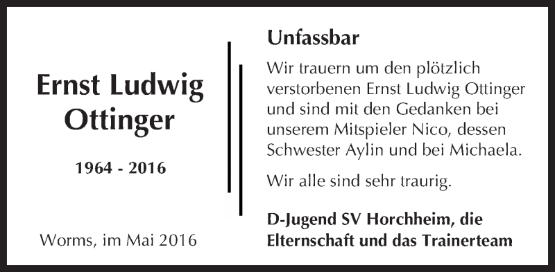  Traueranzeige für Ernst Ludwig Ottinger vom 04.05.2016 aus  Wormser Zeitung