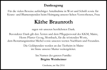 Traueranzeige von Käthe Braunroth von  Allgemeine Zeitung Mainz