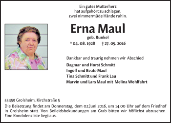 Traueranzeige von Erna Maul von  Allgemeine  Zeitung Ingelheim-Bingen