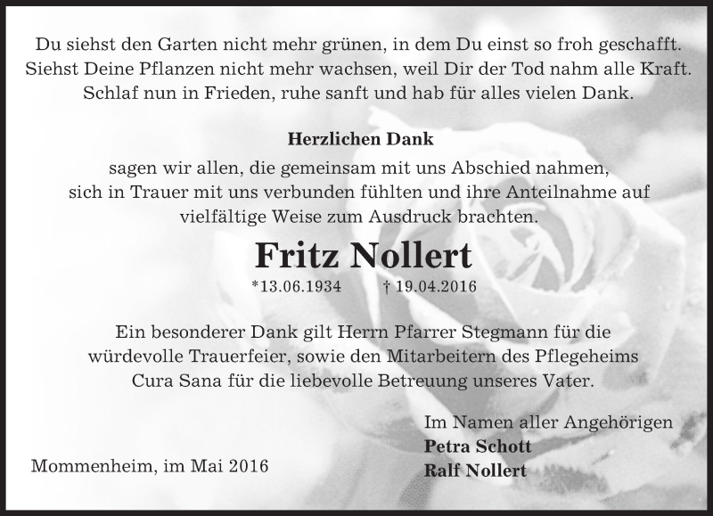  Traueranzeige für Fritz Nollert vom 21.05.2016 aus  Allgemeine Zeitung Mainz