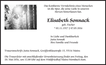 Traueranzeige von Elisabeth Sonnack von  Allgemeine Zeitung Mainz
