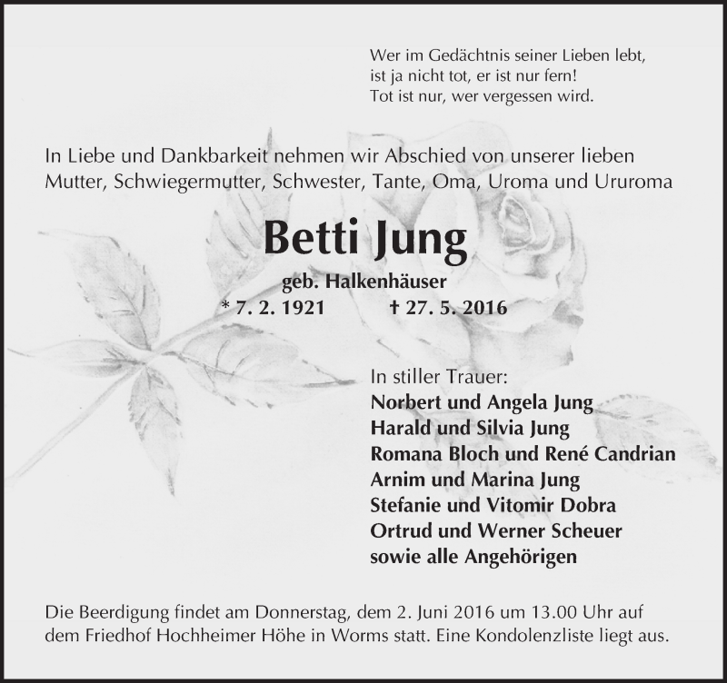  Traueranzeige für Betti Jung vom 31.05.2016 aus  Wormser Zeitung