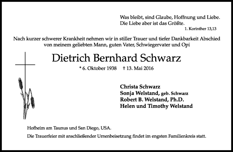  Traueranzeige für Dietrich Bernhard Schwarz vom 20.05.2016 aus  Hofheimer Zeitung