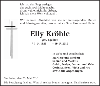 Traueranzeige von Elly Kröhle von  Allgemeine Zeitung Alzey