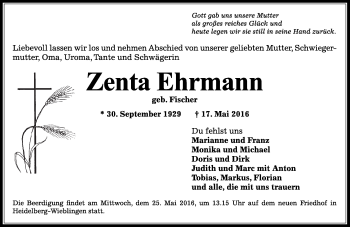 Traueranzeige von Zenta Ehrmann von Trauerportal Echo Online