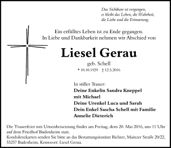 Traueranzeige von Liesel Gerau von  Allgemeine Zeitung Mainz