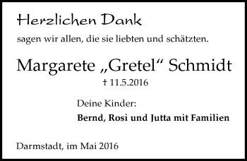 Traueranzeige von Margarete Gretel Schmidt von Trauerportal Echo Online