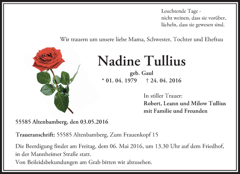  Traueranzeige für Nadine Tullius vom 03.05.2016 aus  Allg. Zeitung Bad Kreuznach