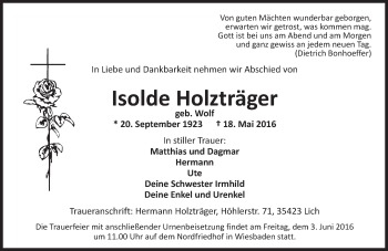 Traueranzeige von Isolde Holzträger von  Wiesbaden komplett