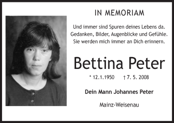 Traueranzeige von Bettina Peter von  Allgemeine Zeitung Mainz