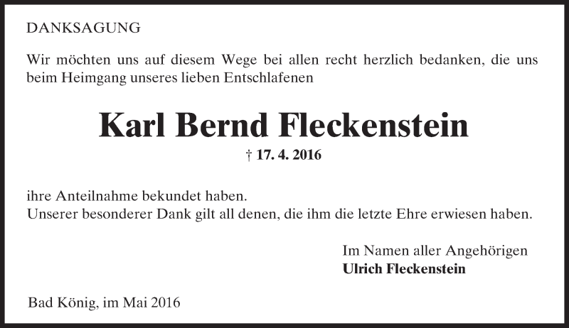  Traueranzeige für Karl Bernd Fleckenstein vom 20.05.2016 aus Trauerportal Echo Online