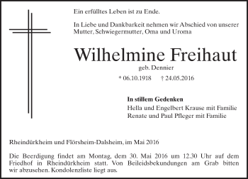 Traueranzeige von Wilhelmine Freihaut von  Wormser Zeitung