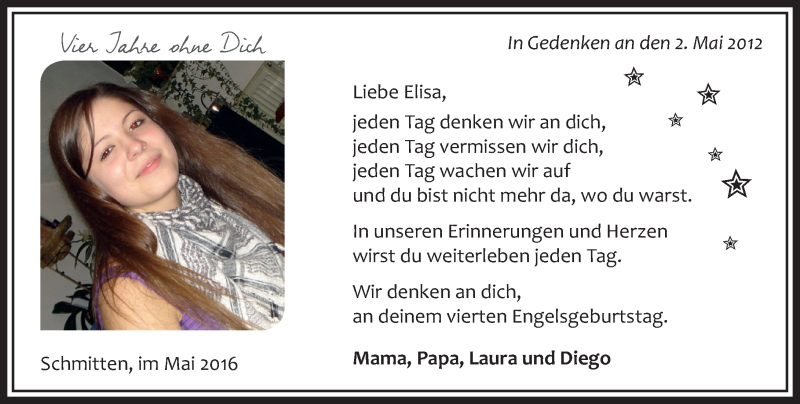  Traueranzeige für Elisa  vom 02.05.2016 aus  Usinger Anzeiger