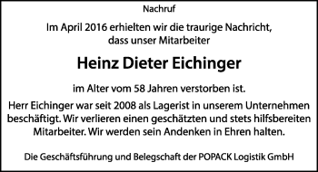 Traueranzeige von Heinz Dieter Eichinger von  Allgemeine Zeitung Mainz
