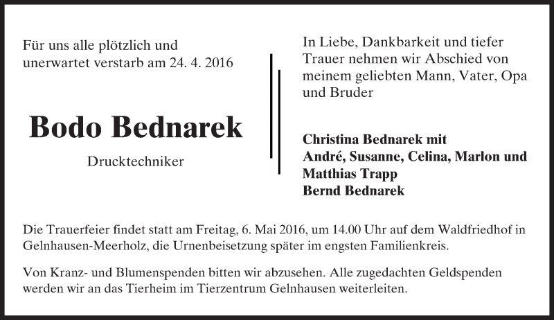  Traueranzeige für Bodo Bednarek vom 02.05.2016 aus  Gelnhäuser Tageblatt