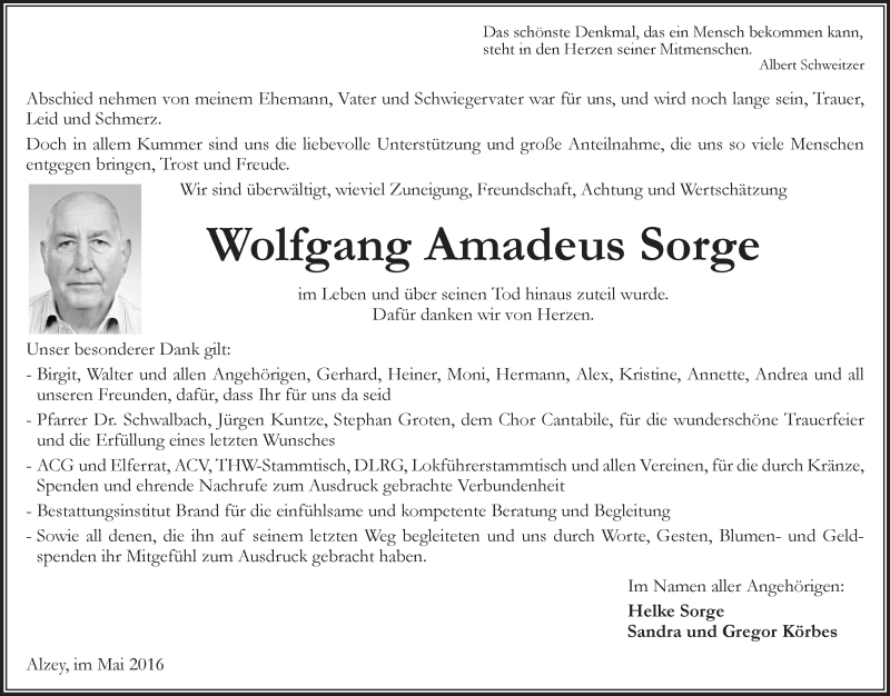  Traueranzeige für Wolfgang Amadeus Sorge vom 07.05.2016 aus  Allgemeine Zeitung Alzey