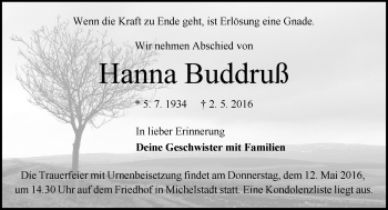 Traueranzeige von Hanna Buddruss von Trauerportal Echo Online