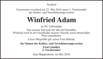 Traueranzeige von Winfried Adam von  Allgemeine Zeitung Alzey