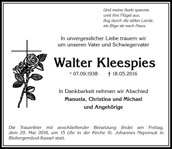 Traueranzeige von Walter Kleespies von  Gelnhäuser Tageblatt
