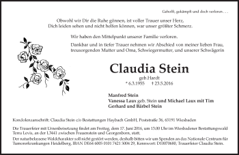 Traueranzeige von Claudia Stein von  Wiesbaden komplett