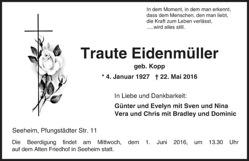  Traueranzeige für Traute Eidenmüller vom 28.05.2016 aus Trauerportal Echo Online
