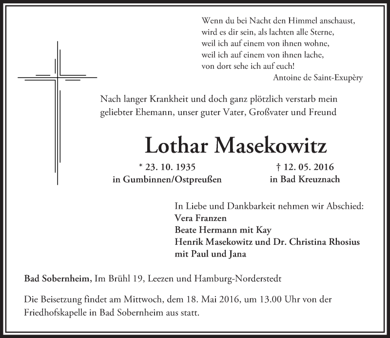  Traueranzeige für Lothar Masekowitz vom 14.05.2016 aus  Allg. Zeitung Bad Kreuznach
