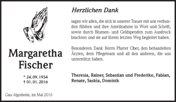 Traueranzeige von Margaretha Fischer von  Allgemeine  Zeitung Ingelheim-Bingen