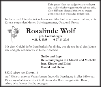 Traueranzeige von Rosalinde Wolf von  Allgemeine Zeitung Alzey