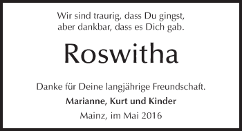 Traueranzeige von Roswitha  von  Allgemeine Zeitung Mainz