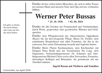 Traueranzeige von Werner Peter Bussas von  Allgemeine Zeitung Mainz