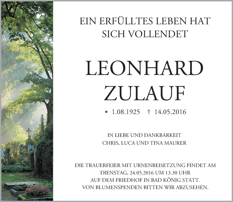  Traueranzeige für Leonhard Zulauf vom 21.05.2016 aus Trauerportal Echo Online