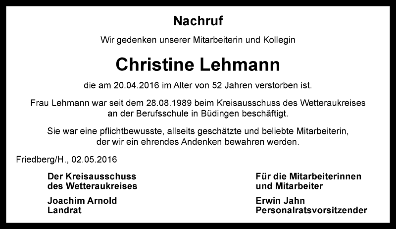  Traueranzeige für Christine Lehmann vom 03.05.2016 aus  Kreisanzeiger