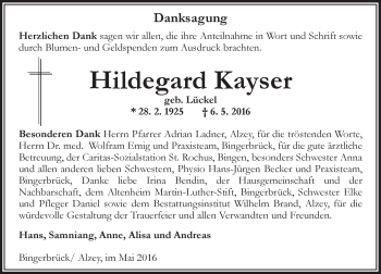 Traueranzeige von Hildegard Kayser von  Allgemeine  Zeitung Ingelheim-Bingen