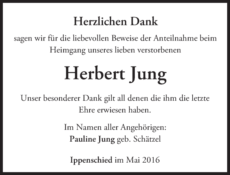  Traueranzeige für Herbert Jung vom 11.05.2016 aus  Allg. Zeitung Bad Kreuznach